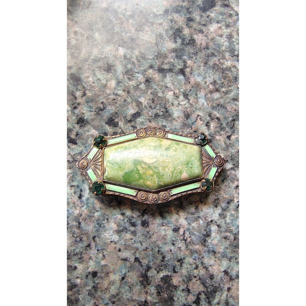 1930s Czech Pin, Emerald Color Rhinestones